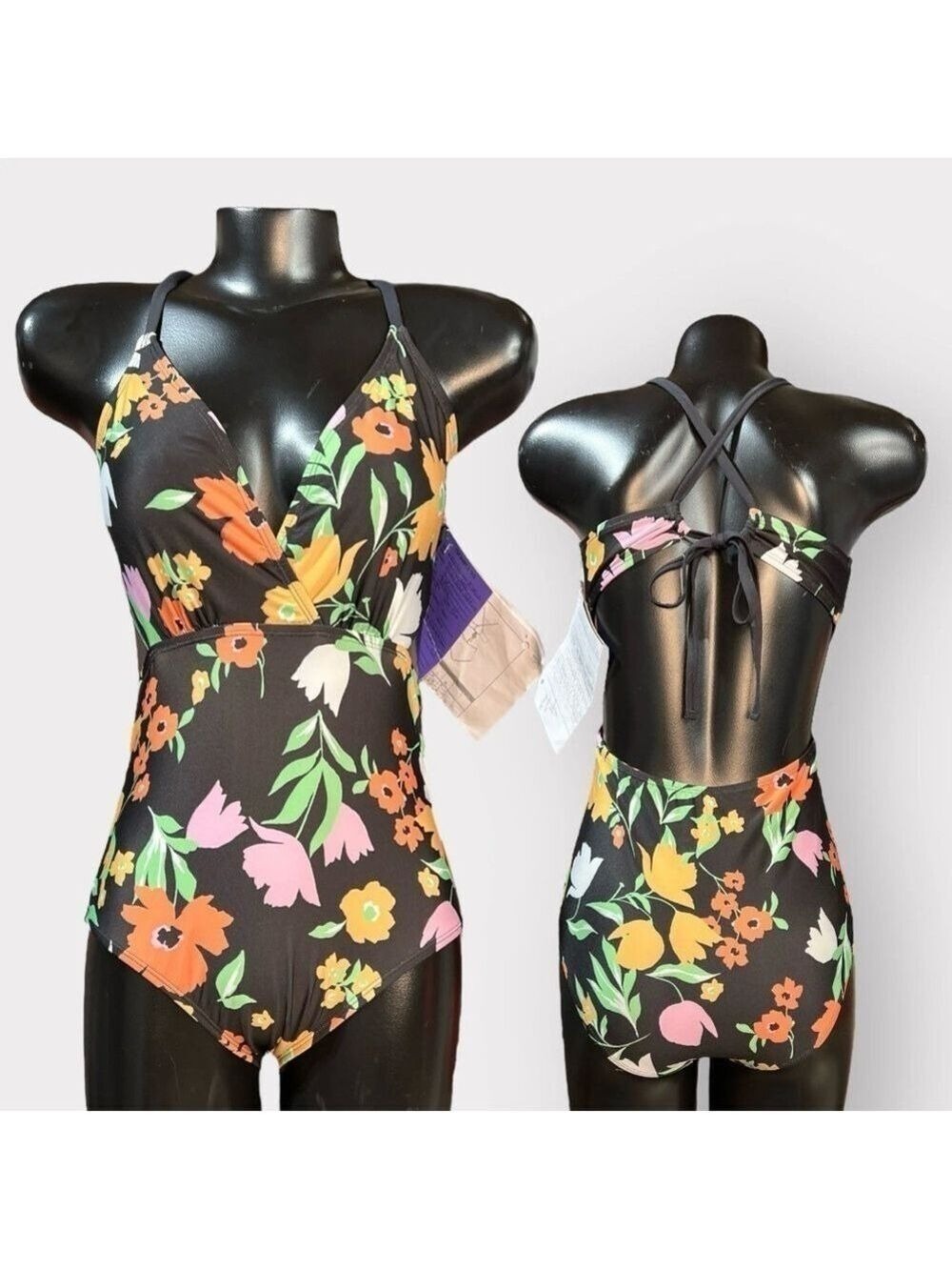 P161 Modcloth NEW OOAK Small One-Piece Swimsuit CutOut Open Black Floral Auction